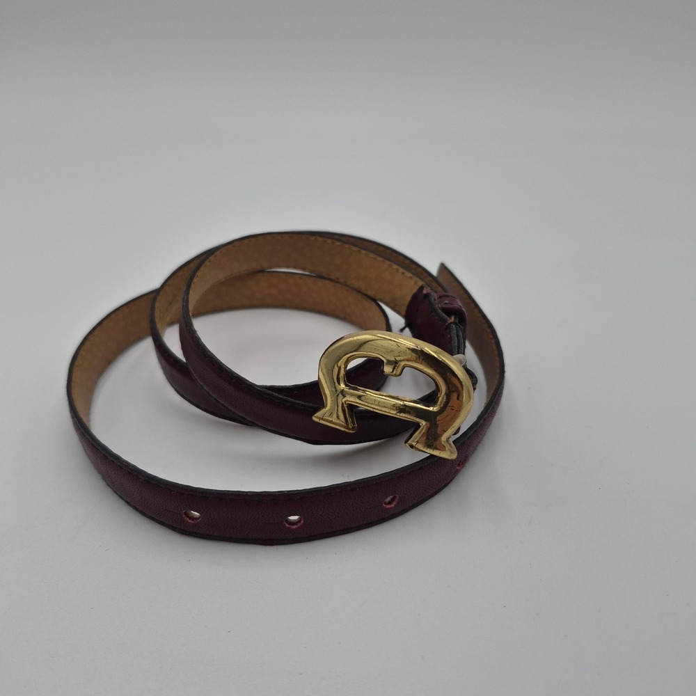 Etienne Aigner Burgundy Leather Skinny Belt Gold Logo Buckle Size 32 1396